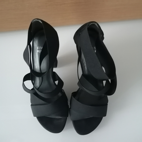 Stuart Weitzman Black Suede Elastic Criss Cross Strap Block Heel Sandals 5.5 - Picture 5 of 17